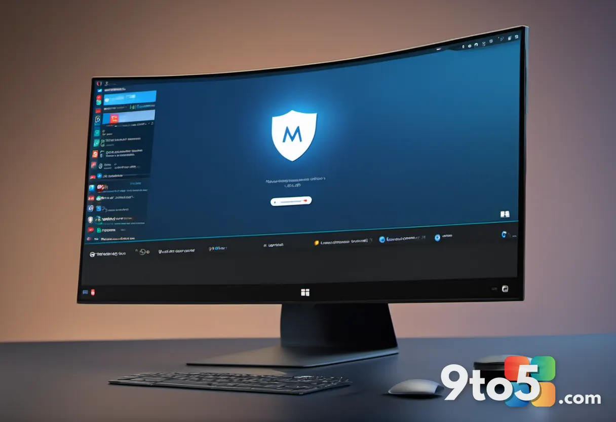 A close-up of a Windows 11 desktop taskbar with a translucent notification bubble showing a McAfee shield logo, shot in 