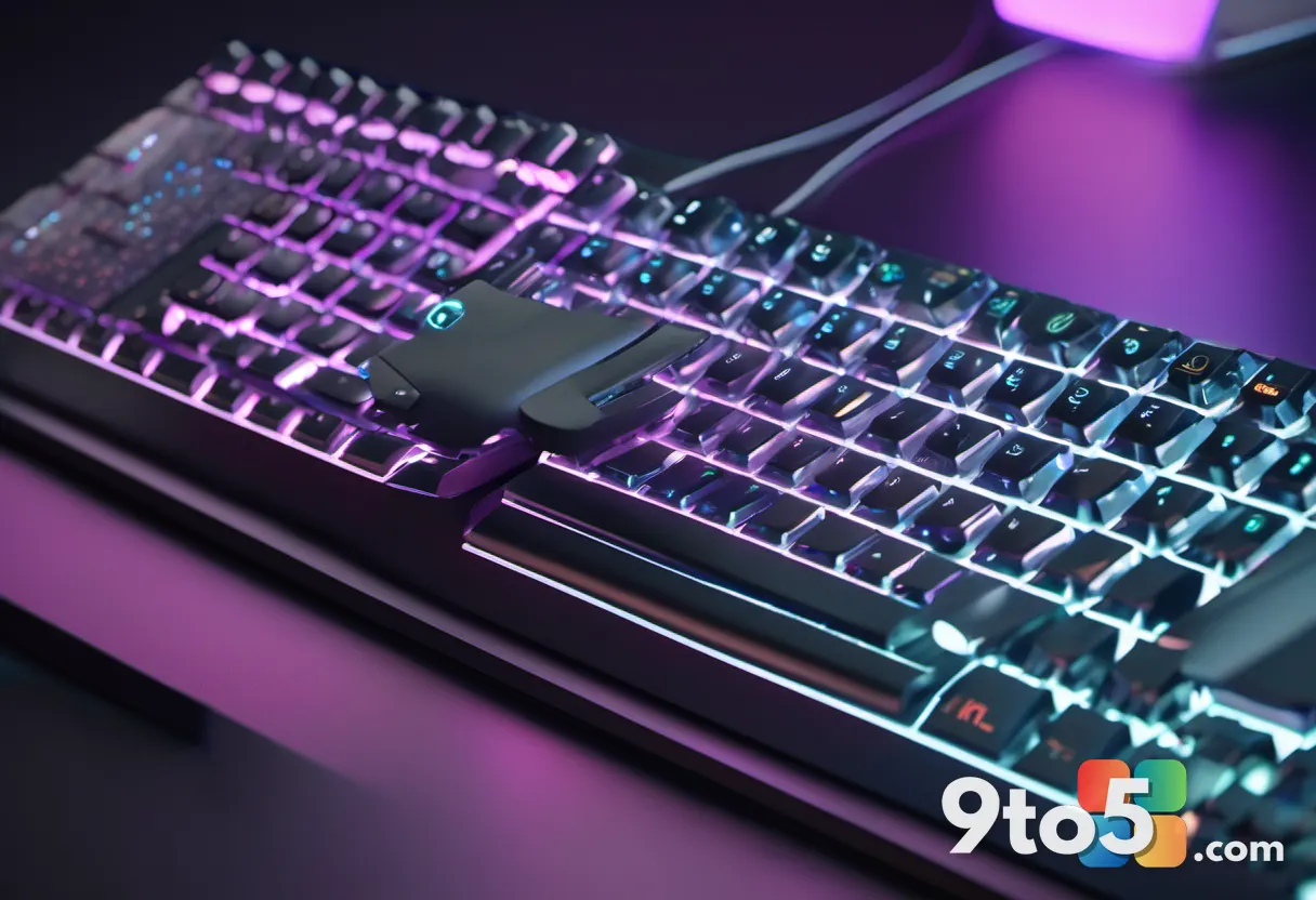 A close-up of a developer's hands typing on a mechanical keyboard, with holographic code projections floating above the 