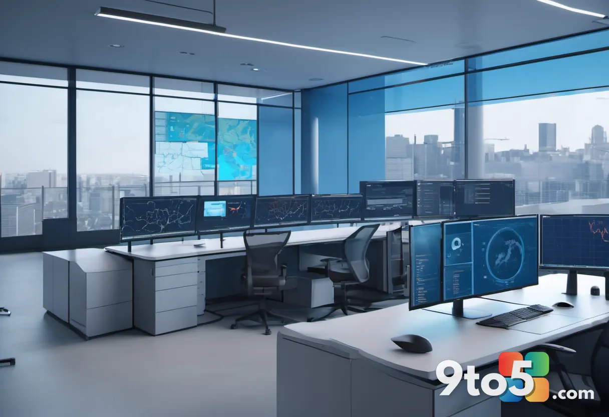 A modern security operations center with analysts monitoring large screens displaying vulnerability maps and patch deplo