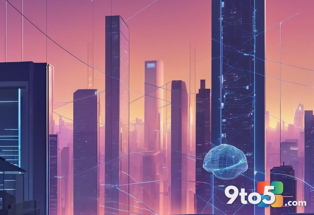 A futuristic cityscape at dusk with floating data streams connecting buildings, representing global market trends and su
