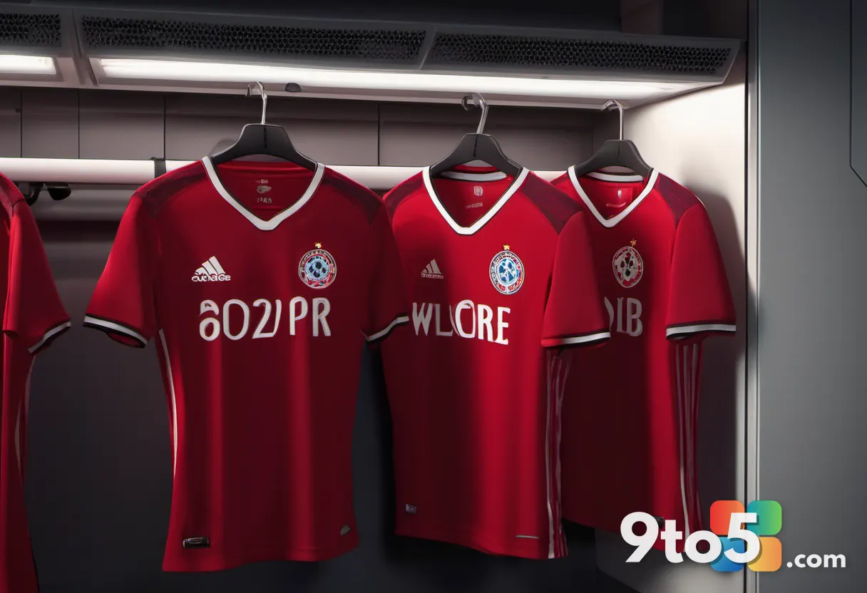 A close-up of a red soccer jersey hanging in a locker room with a white manufacturer logo visible on the chest