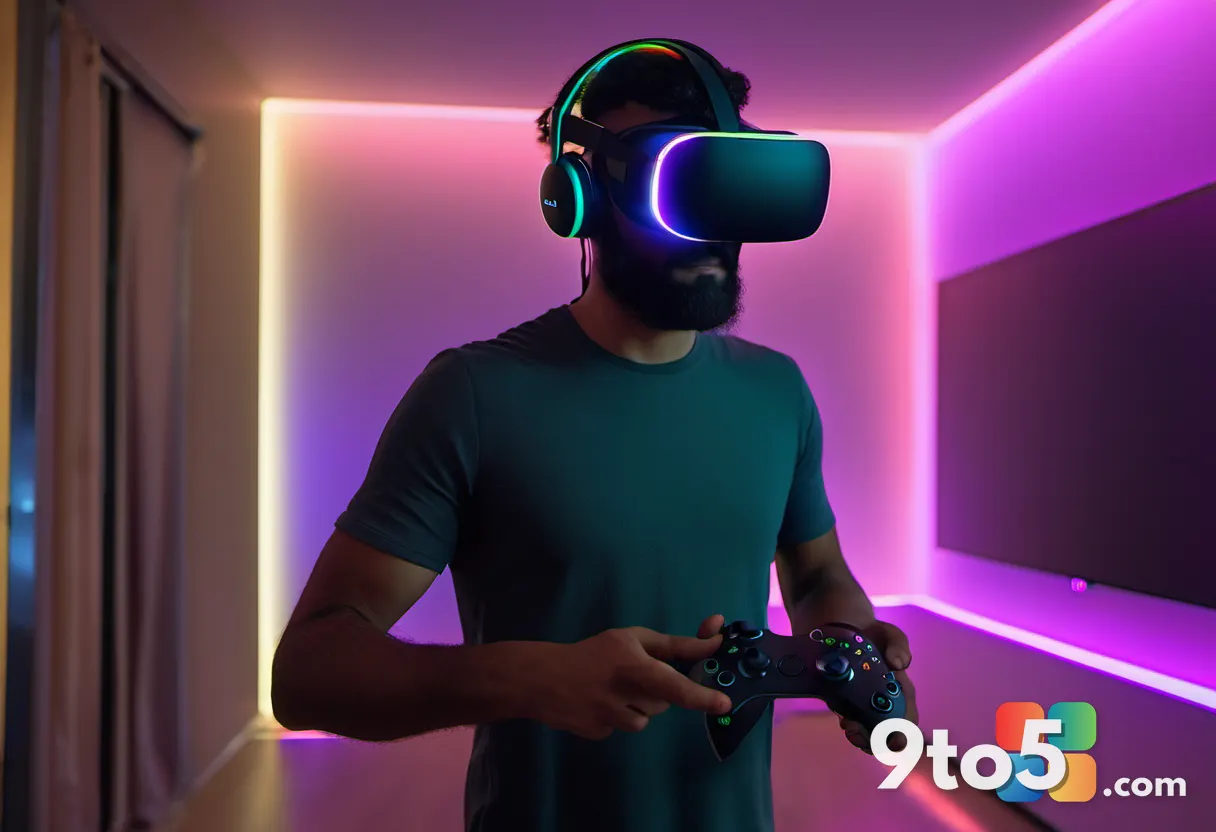A person wearing a Meta Quest VR headset while holding an Xbox controller, standing in a dimly lit room with colorful LE