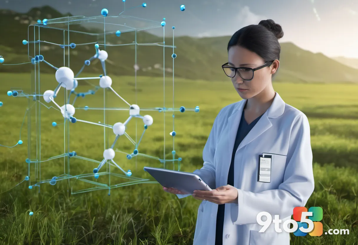 A researcher using a tablet in a field setting with a digital overlay of molecular structures, showing AI integration in