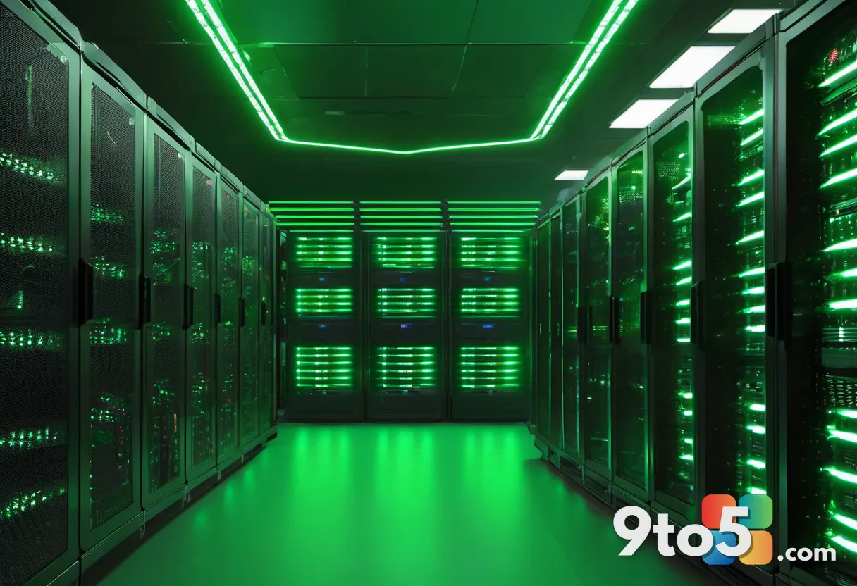 A close-up photograph of a modern server rack with blinking green LED lights, symbolizing enterprise update deployment a