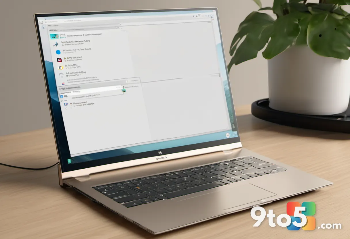 An overhead shot of a sleek laptop displaying a progress bar for system updates, placed on a clean wooden desk with a co