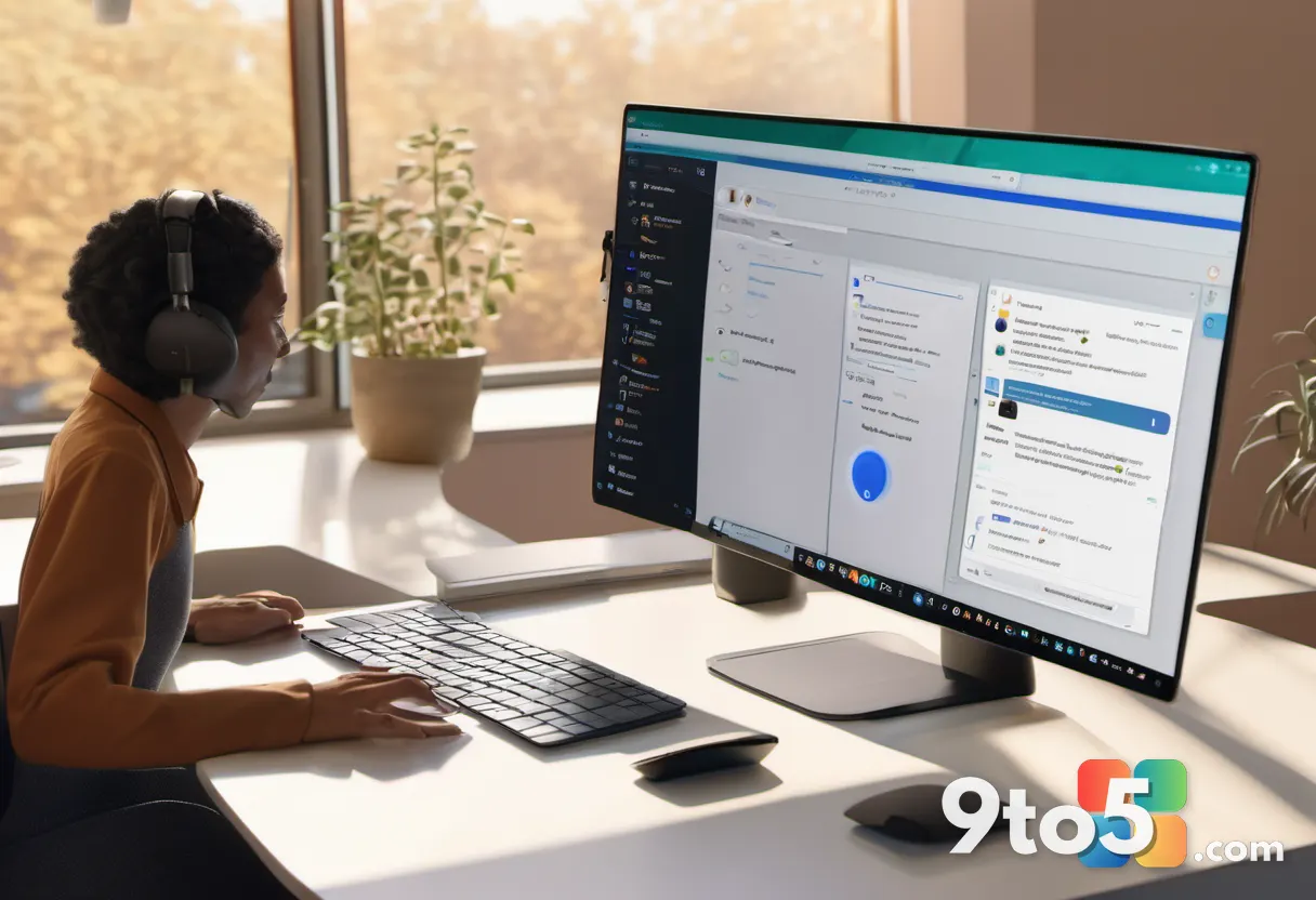 Person using a laptop with a screen reader, hands on keyboard, accessibility icons visible on screen, warm lighting