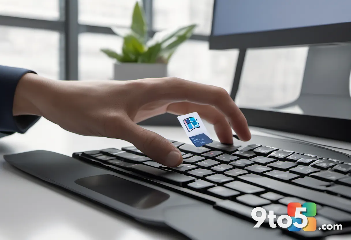 Hand placing a small sticker over a keyboard key, close-up shot, neutral background, practical and relatable scene