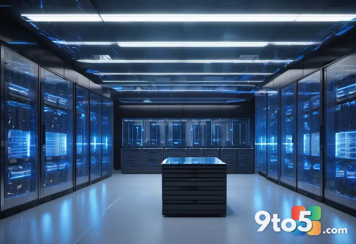 A sleek server room with cool blue lighting and glowing data streams flowing through glass panels, symbolizing cloud AI 