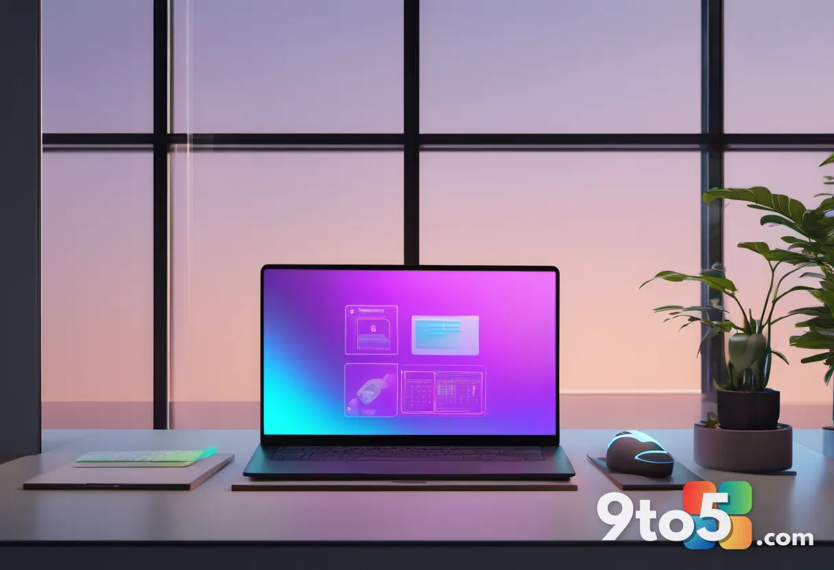 A modern office workspace with a holographic AI assistant hovering over a laptop, representing the user-facing Copilot e