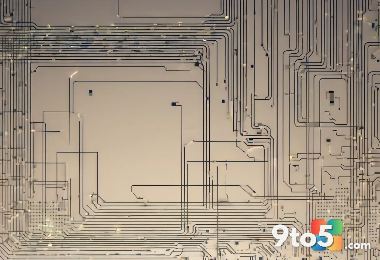 An abstract composition of digital circuits and fragmented geometric shapes dissolving into pixels, representing organiz