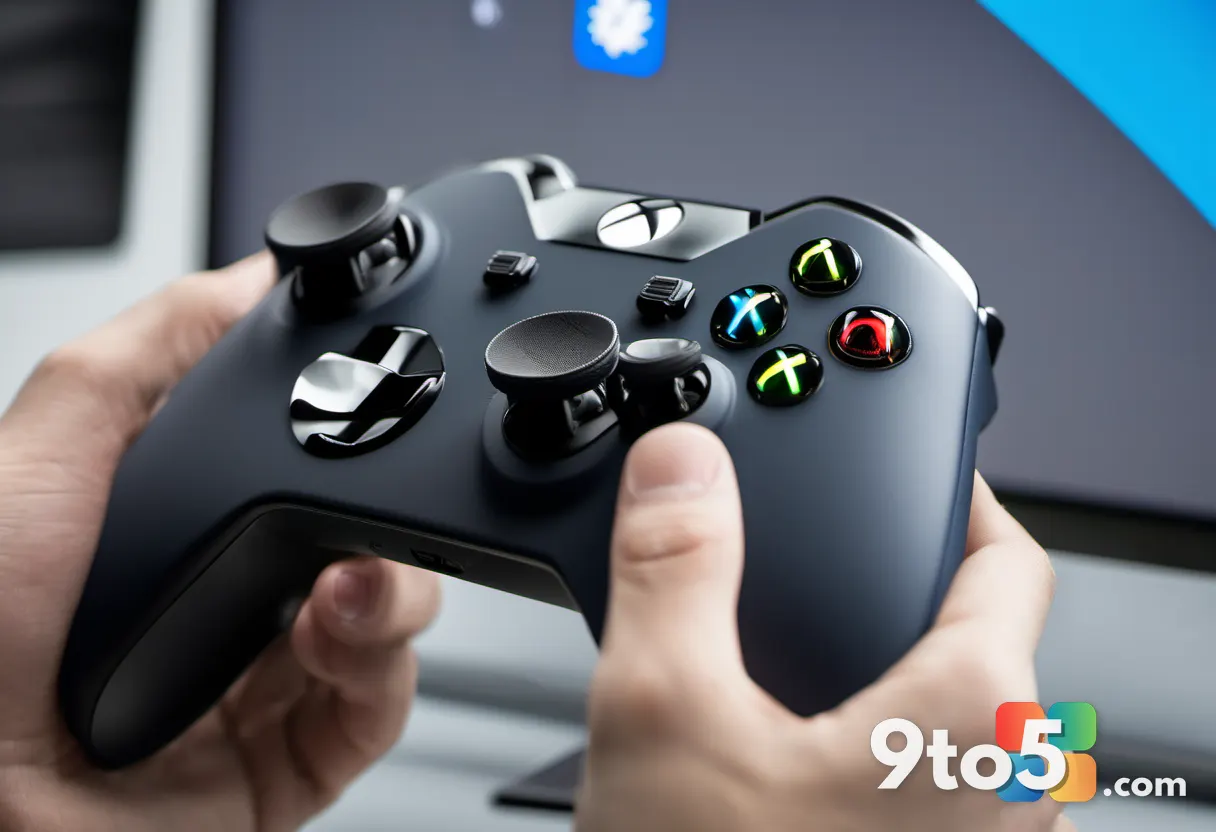 A close-up of a hand holding a modern Xbox controller, with a blurred background showing a Windows 11 desktop and game l