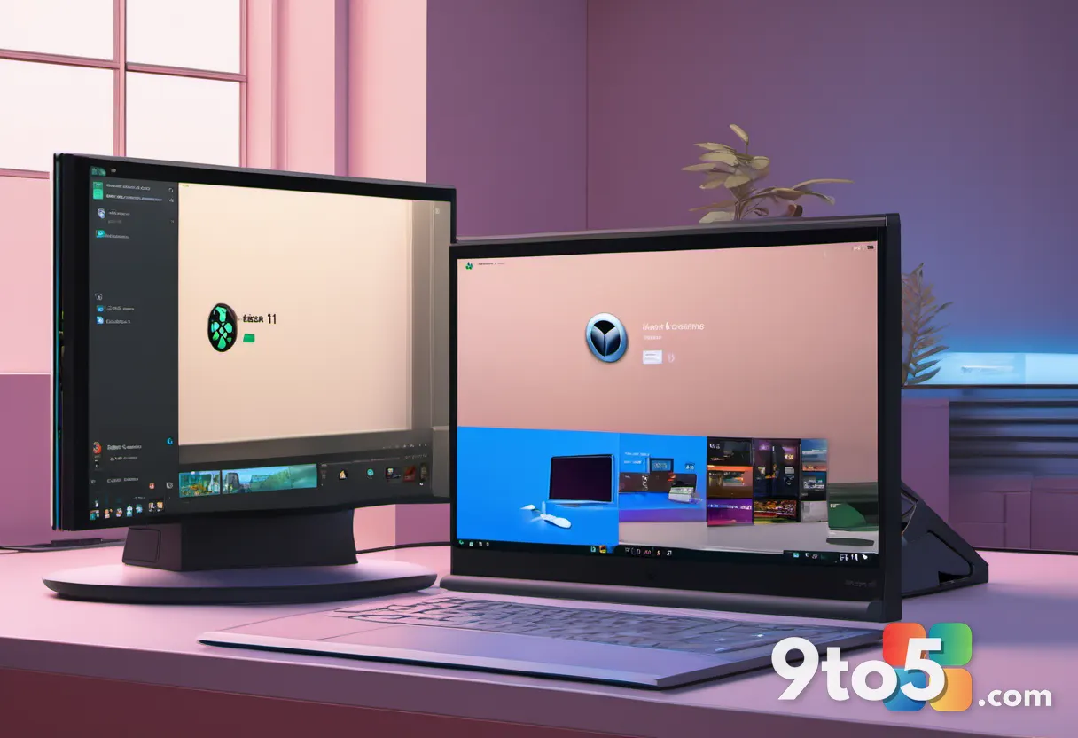 A split-screen illustration showing an Xbox console on the left and a Windows 11 laptop on the right, connected by a glo