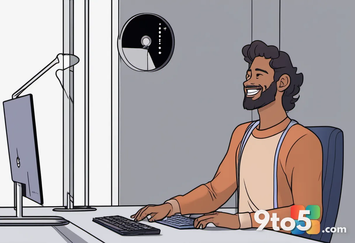 A user smiling while working on a Windows 11 PC with a clean, organized desktop.