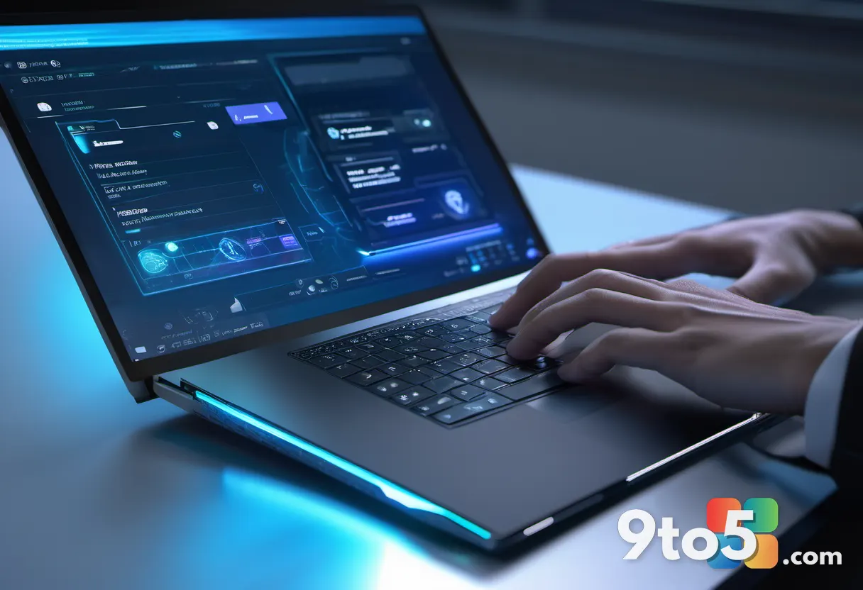 A close-up of a user's hand hovering over a laptop keyboard, with a holographic-style Copilot interface floating above t
