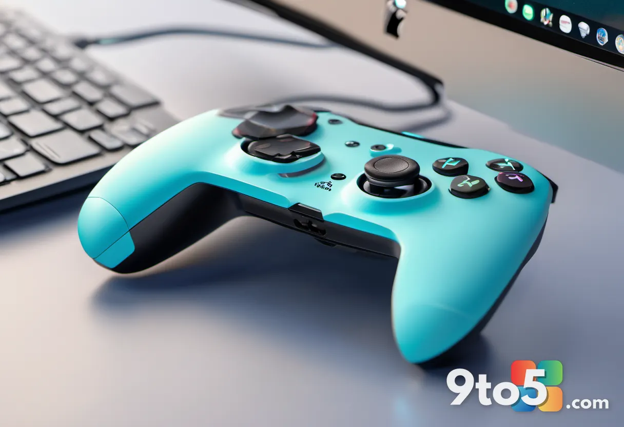 A close-up of a modern gaming controller resting on a desk next to a closed laptop. Soft lighting, shallow depth of fiel