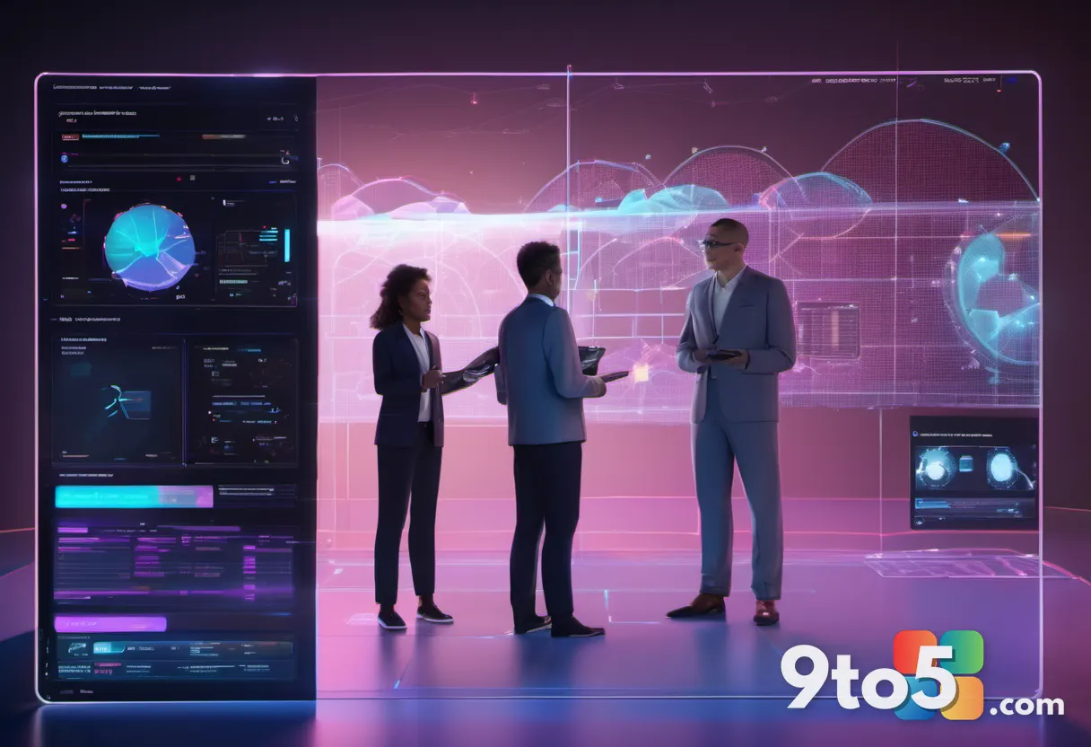 A close-up of a diverse team of engineers collaborating around a holographic interface displaying complex data networks,