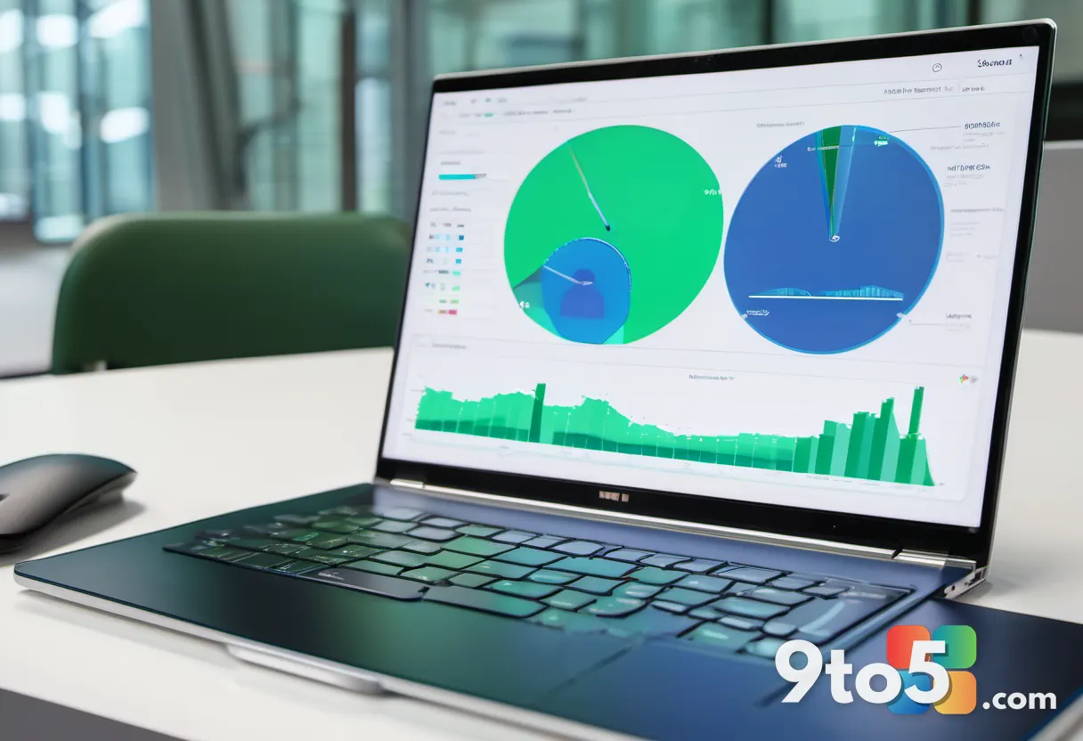 A close-up of a modern laptop screen displaying abstract data visualization charts in green and blue tones, representing