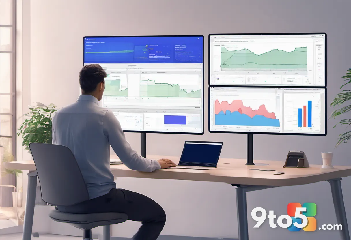 A developer at a standing desk reviewing a dashboard with European Union flag colors subtly integrated into a cloud arch