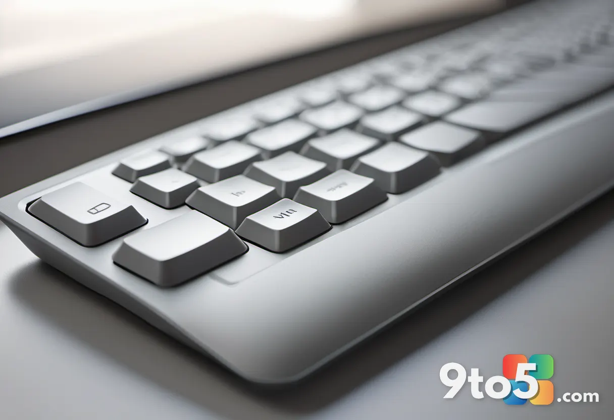 Close-up of a modern keyboard with a highlighted Copilot key, shallow depth of field, neutral tones, photographed on a c