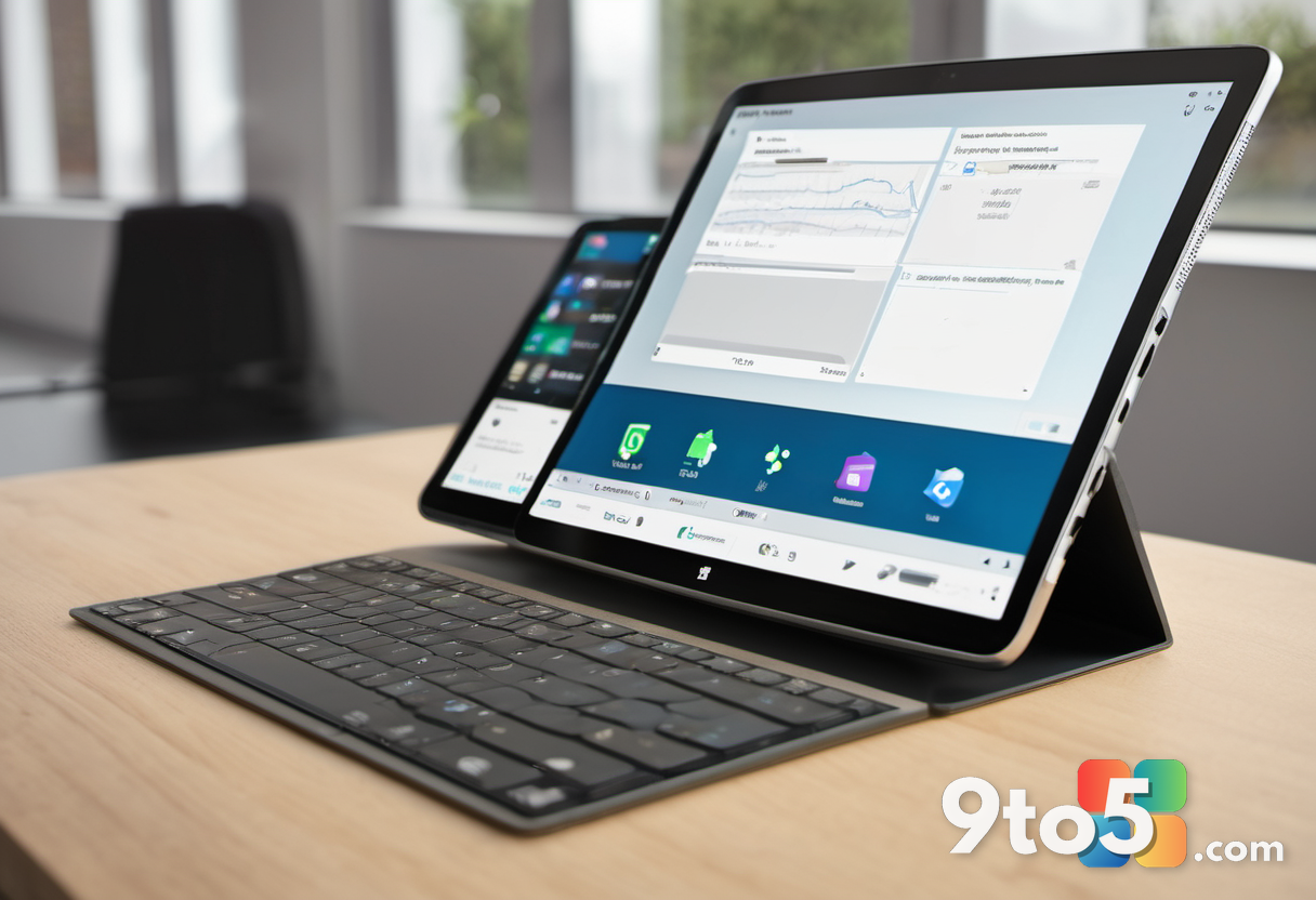 A close-up shot of a modern Windows tablet device resting on a wooden table, highlighting its slim profile and metallic 
