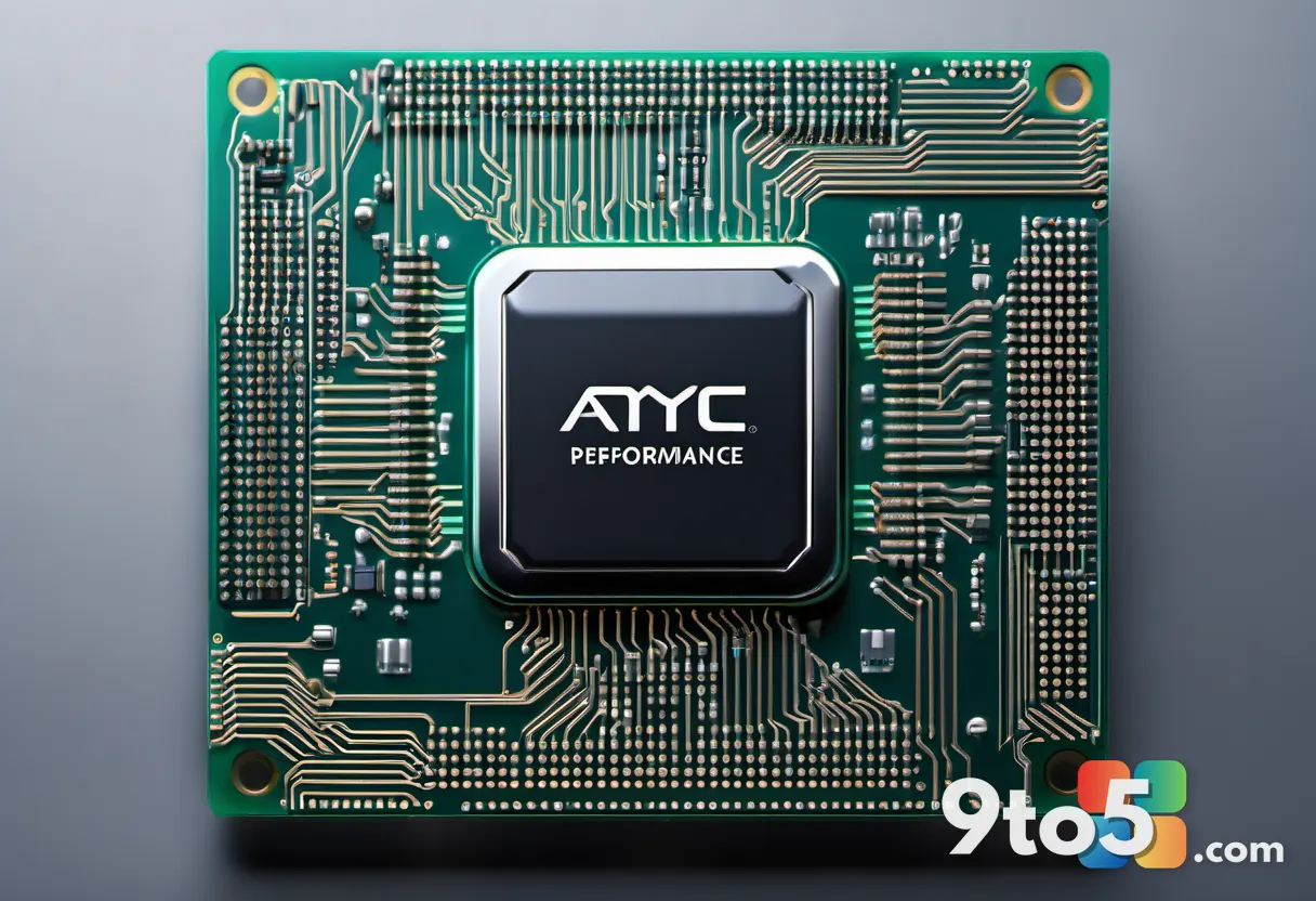 A close-up of a high-performance AMD EPYC processor chip with intricate circuitry and metallic finish, highlighting adva
