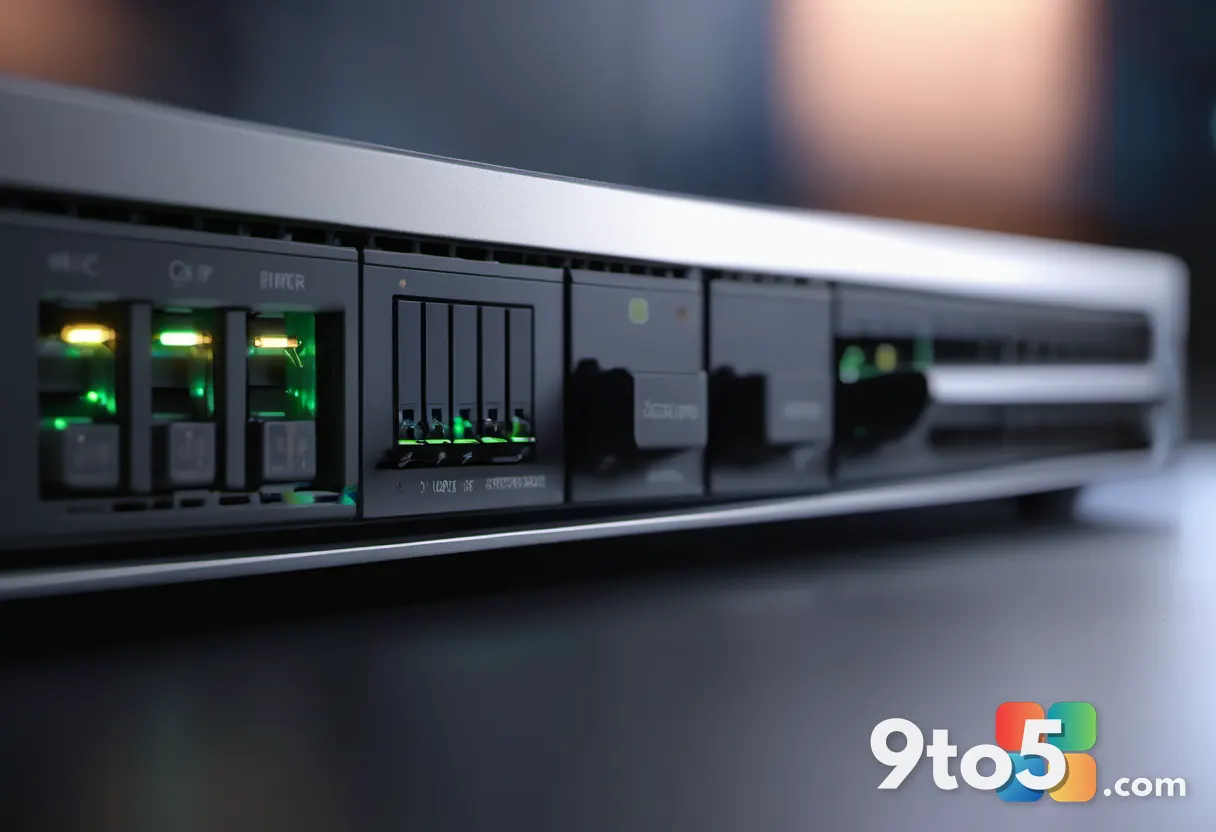 A close-up of a network switch with blinking fiber optic cables, highlighting the physical infrastructure behind cloud c
