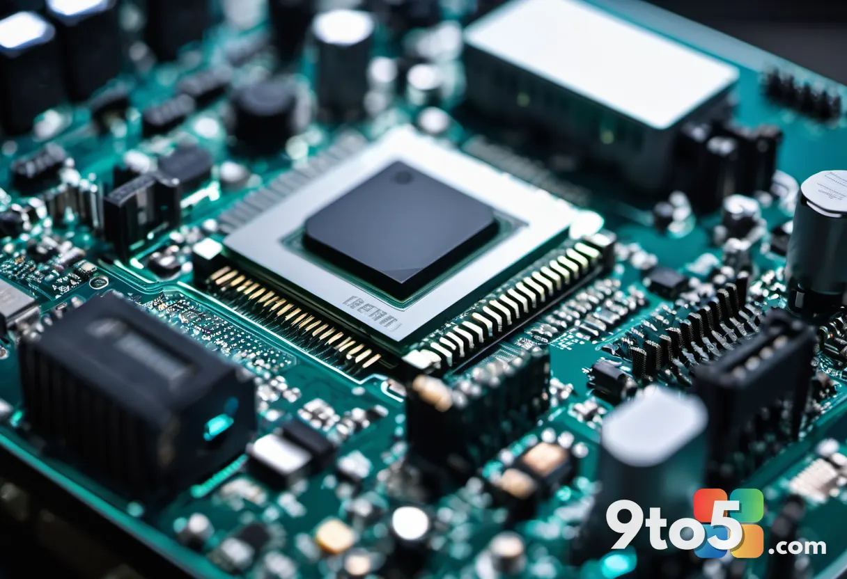 Close-up of a computer motherboard with various ports and chips. Shallow depth of field highlights the complexity of mod