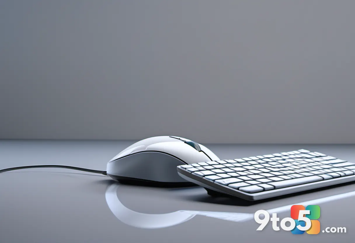 A close-up of a sleek computer mouse resting next to a keyboard with soft ambient lighting. The scene conveys modern tec