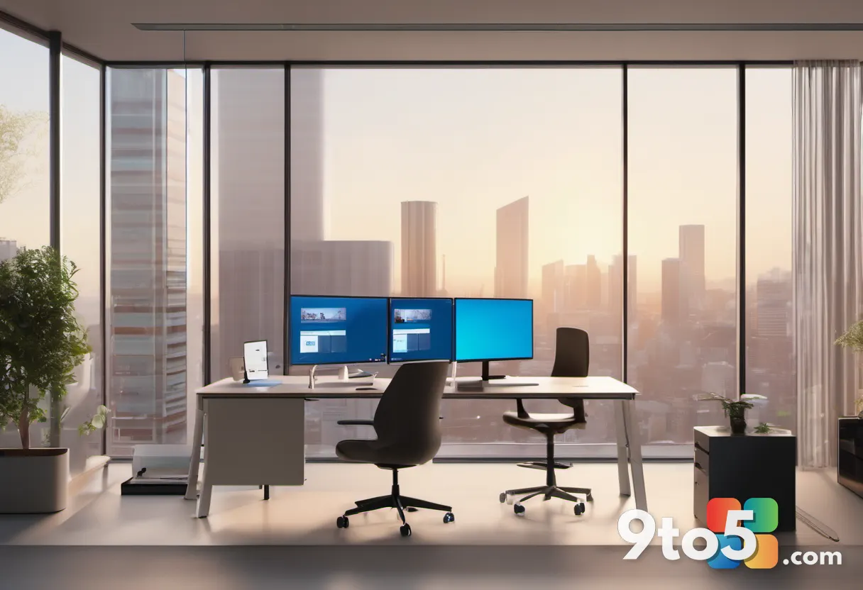 A professional office setting with a Microsoft executive shaking hands with an LG representative, corporate partnership 
