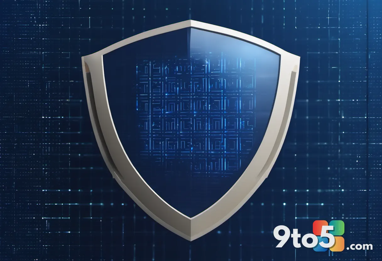 A Windows Security shield icon glowing softly on a dark blue background, surrounded by subtle code patterns, tech securi