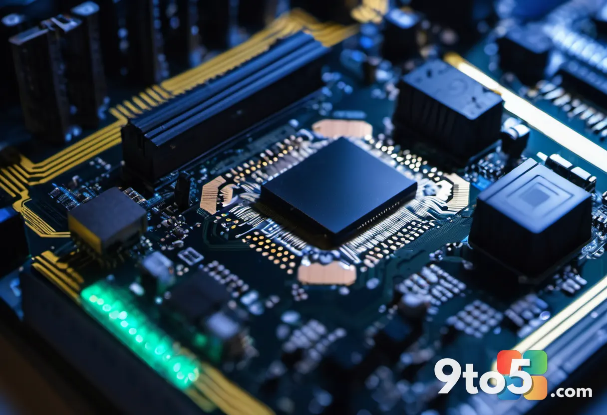 Close-up of a motherboard with a highlighted TPM chip glowing softly, macro photography, clean tech editorial style