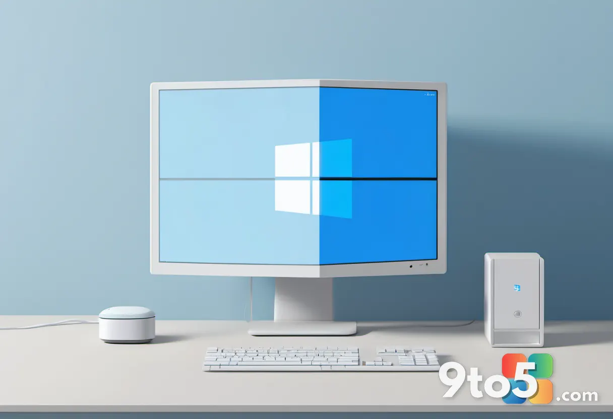 A minimalist illustration of a Windows PC silhouette connected to a secure cloud node, blue and white color palette, fla