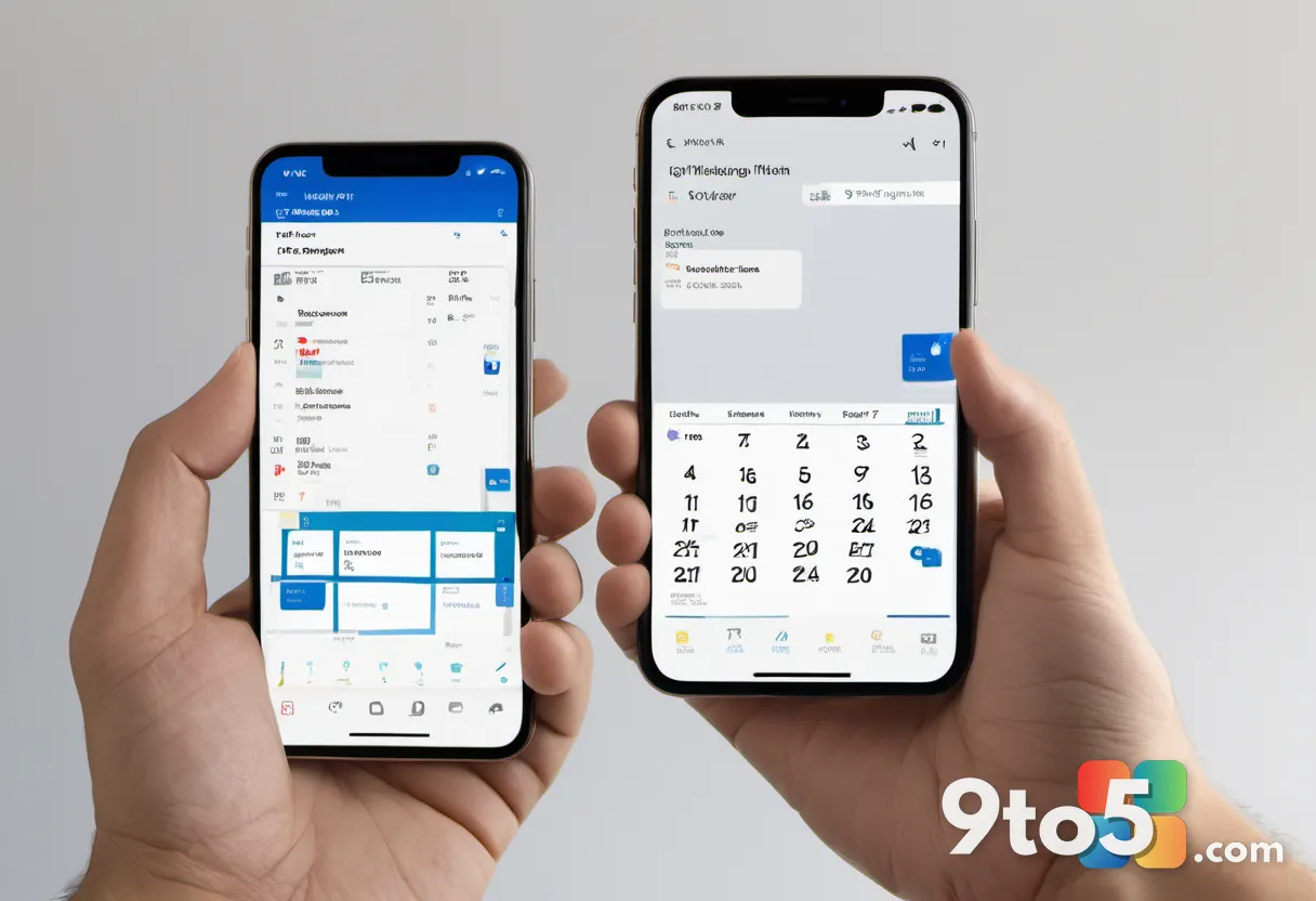 A hand holding a smartphone showing the Outlook app interface with a calendar view, soft natural lighting, realistic sty