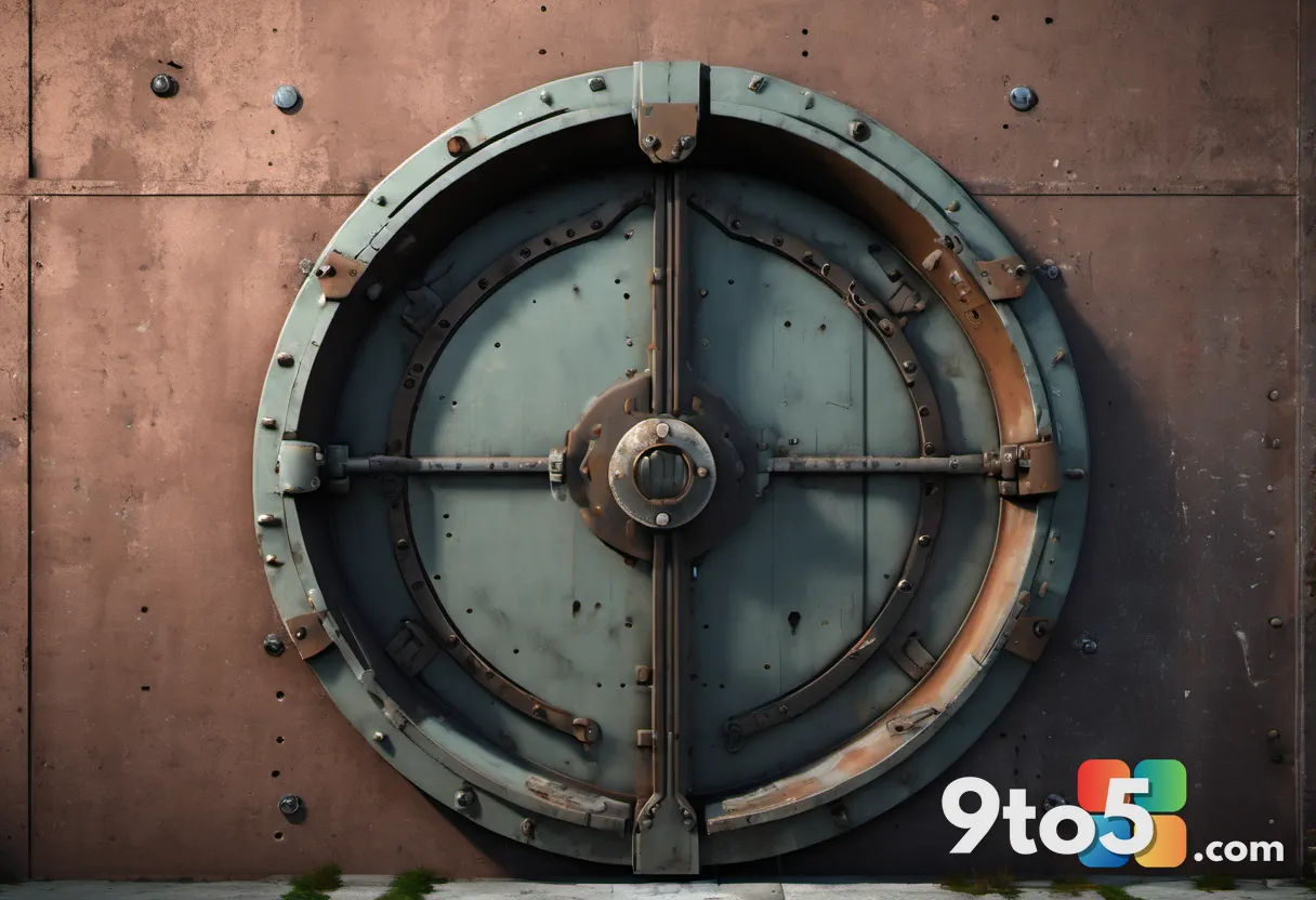 A close-up of a weathered, retro-futuristic vault door with peeling paint and rust, set against a dark concrete wall.