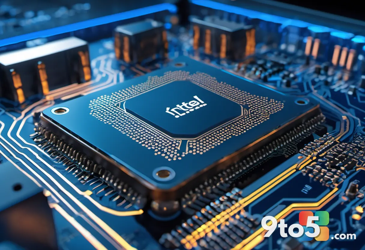 A close-up of a circuit board with a glowing blue Intel processor chip, surrounded by clean routing traces and subtle he