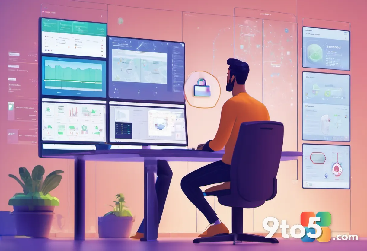 An IT administrator in a modern office reviewing a security dashboard on a large monitor, with holographic security icon