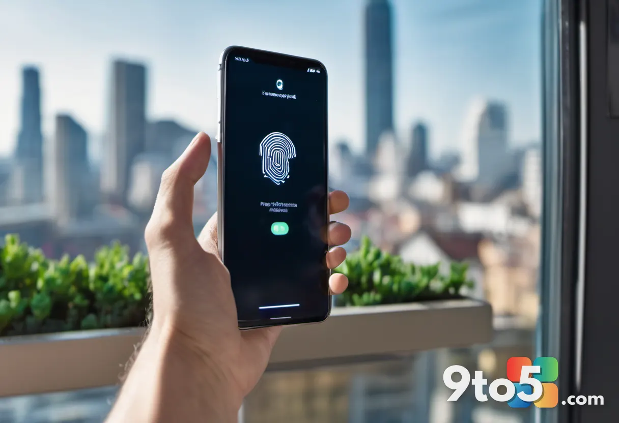 Close-up of a smartphone screen displaying a passkey login prompt with a fingerprint icon, held in a user's hand against
