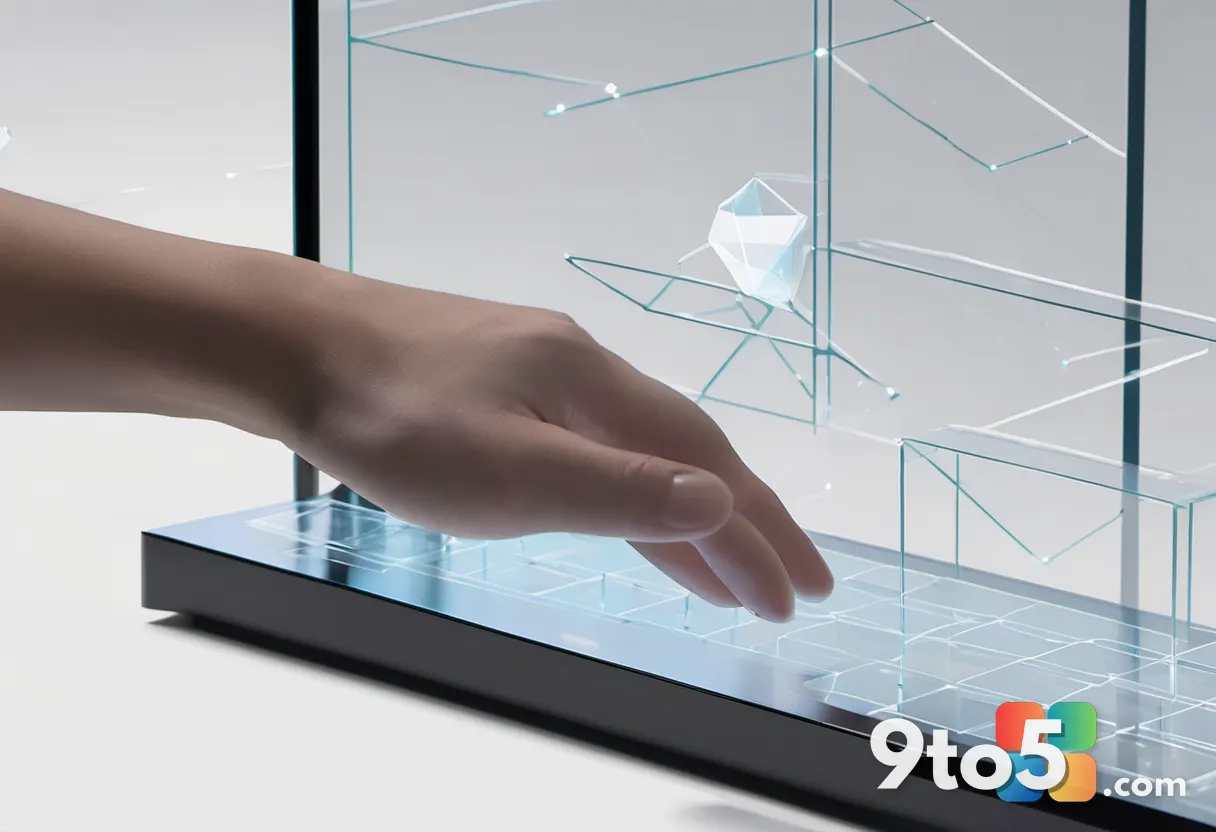 A close-up of a hand interacting with a transparent touchscreen, manipulating 3D geometric shapes that represent data an