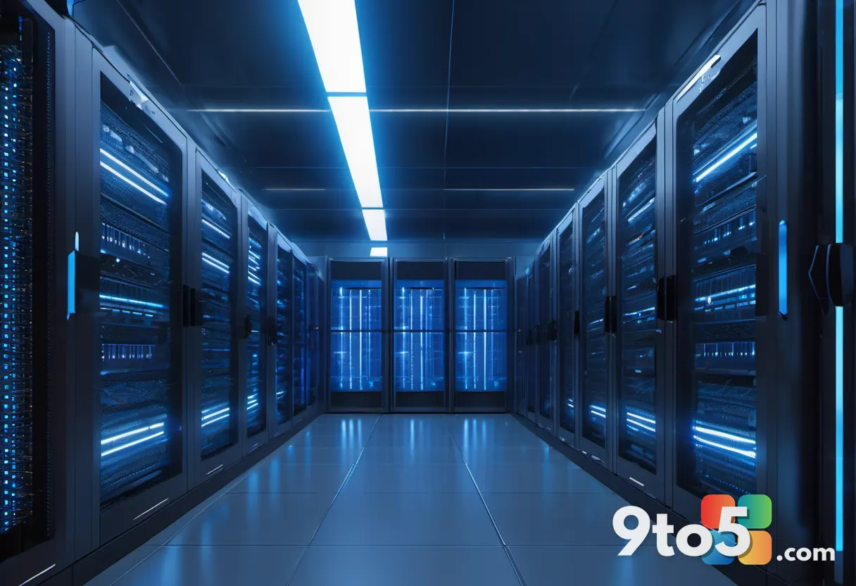 A sleek, modern server room with rows of glowing blue lights, symbolizing cloud infrastructure and AI processing power.