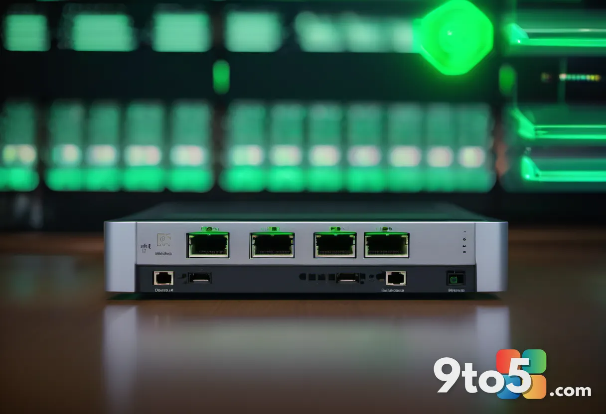 A close-up of a network switch with blinking green lights and a subtle holographic shield overlay, symbolizing secure ne