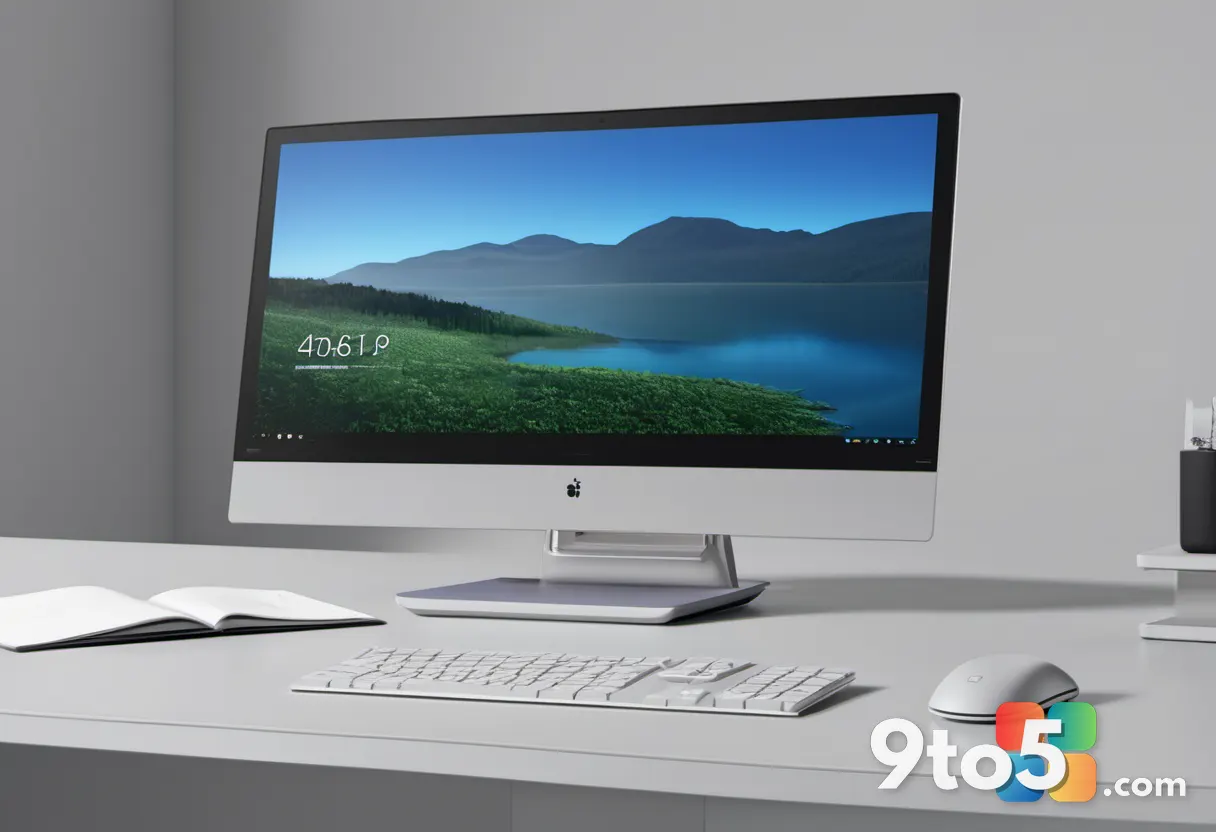 A minimalist desk setup with a Windows logo subtly integrated into a modern dashboard interface, conveying enterprise ma