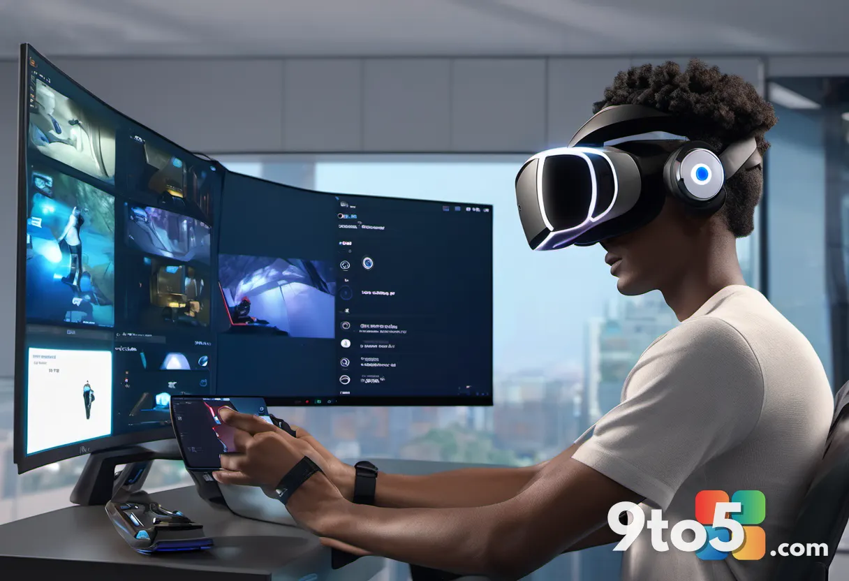 A close-up of a person wearing a Meta Quest headset while holding two VR touch controllers, with a virtual game screen f