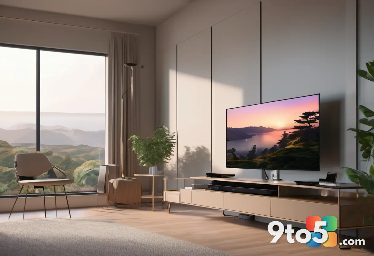 A modern living room setup featuring a large TV, a Meta Quest headset on a stand, and an Xbox console in the background 