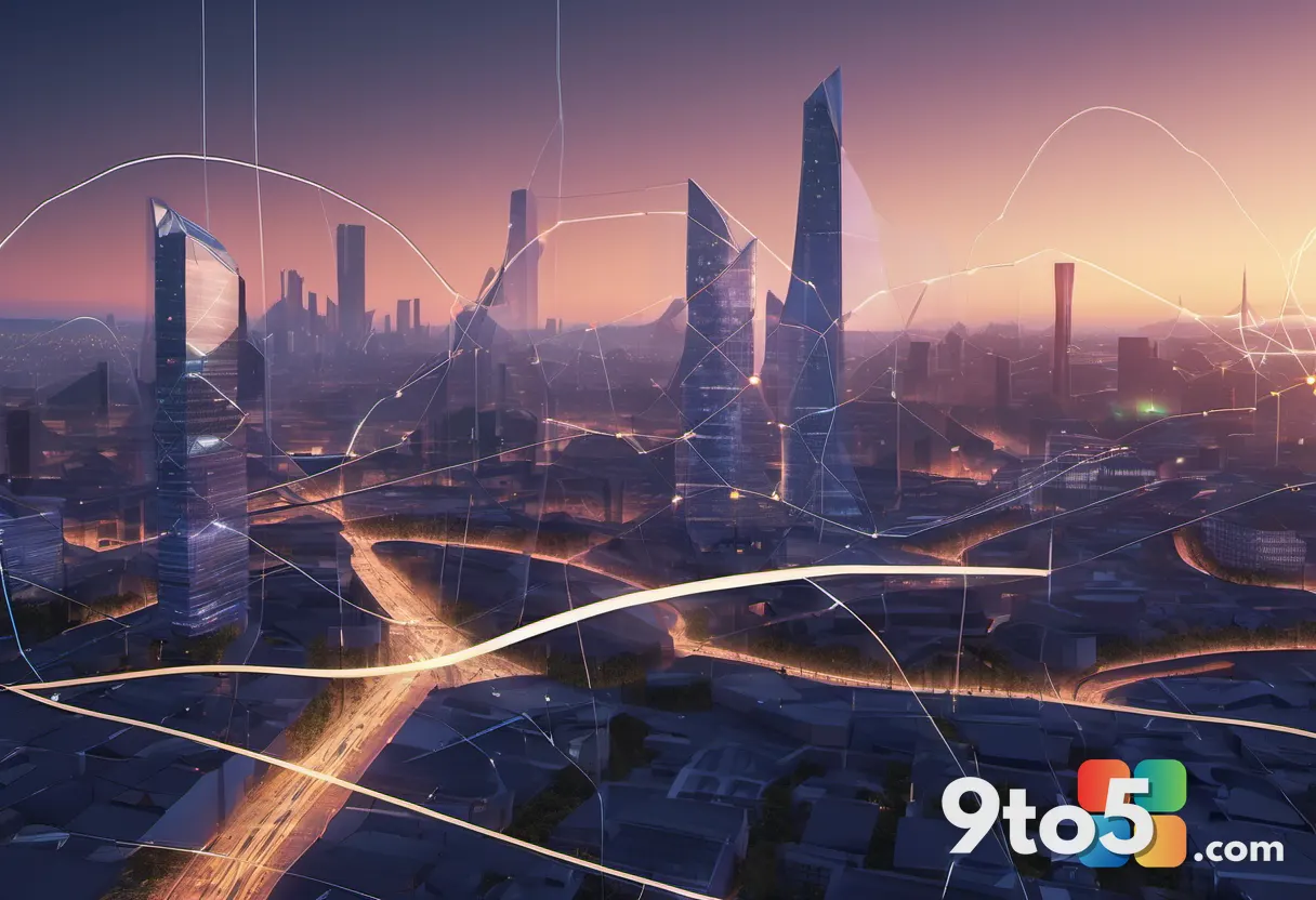 A modern European city skyline at dusk with digital network lines connecting buildings, symbolizing connectivity and tec