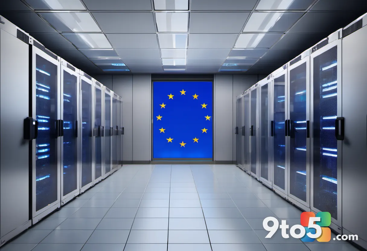 A secure server room with a glass reflection of the European Union flag, emphasizing data sovereignty and privacy, photo