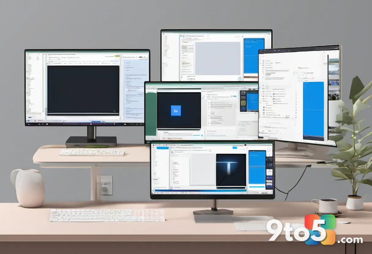 An overhead view of a developer's desk with a dual-monitor setup showing Windows 11 code and design mockups, emphasizing