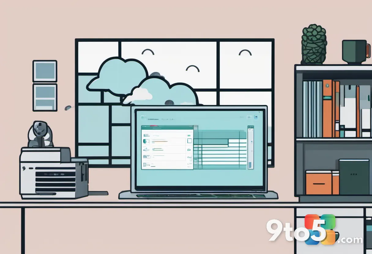 A split-screen illustration showing a traditional desktop computer on one side and a modern laptop on the other, both ru