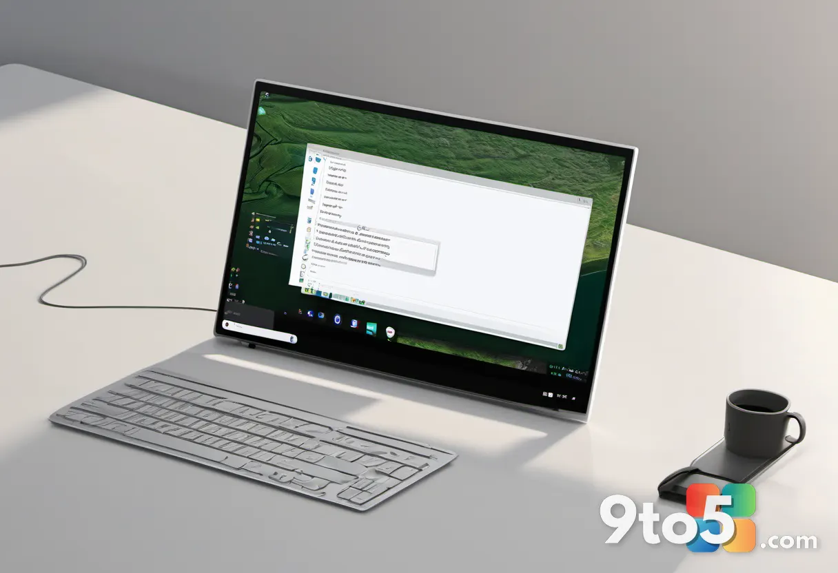 A minimalist desk setup with a Windows logo subtly projected on a notebook, a coffee cup, and a modern keyboard, shot fr