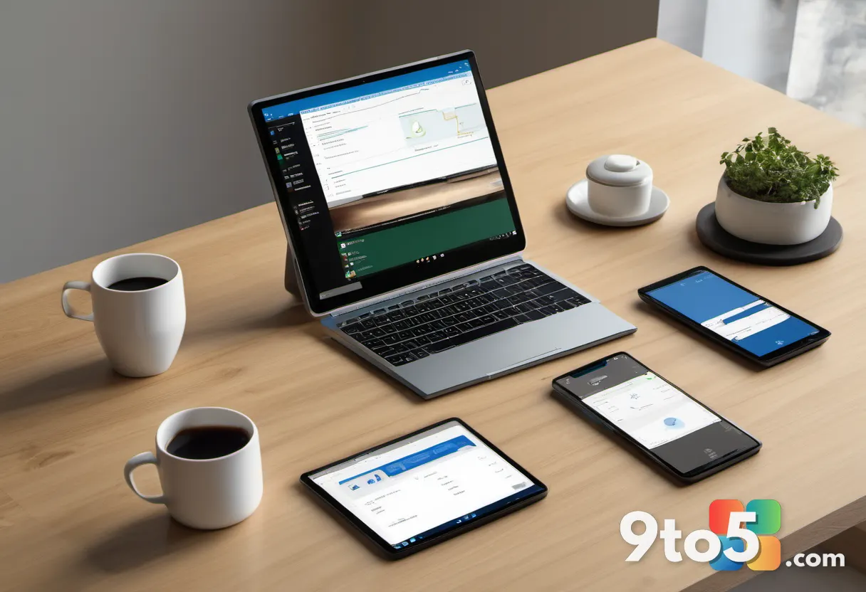 An overhead shot of a wooden desk with a notebook, a coffee cup, and a tablet showing a Microsoft 365 Premium upgrade sc