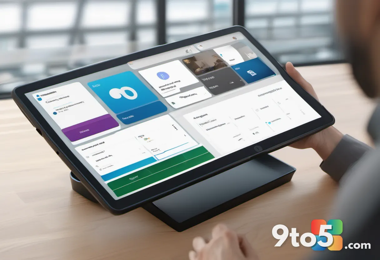 A user interacting with a digital contact card on a tablet, modern office background, warm lighting.
